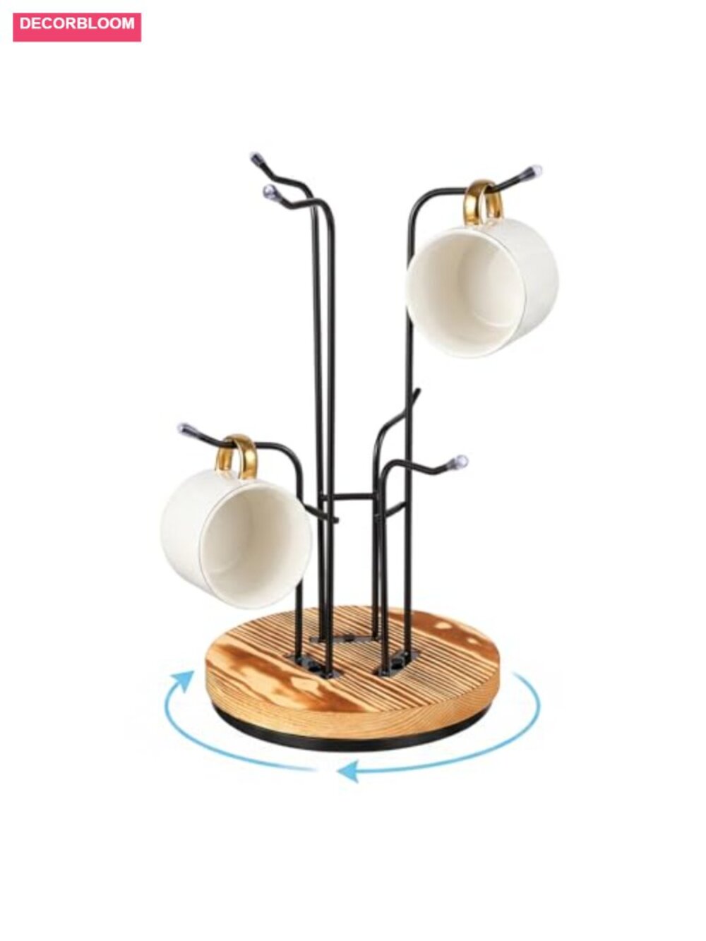 360° Rotating Mug Tree Holder with 6 Hooks Rustic Farmhouse